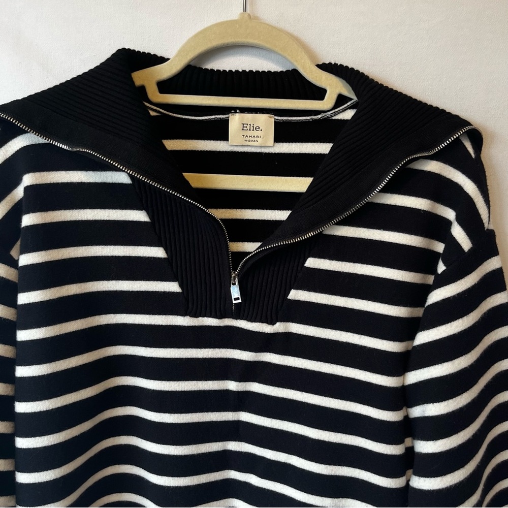 Elie Tahari pullover sweater XL Black white striped Heavy knit 1/4 zip Womens - Picture 5 of 8